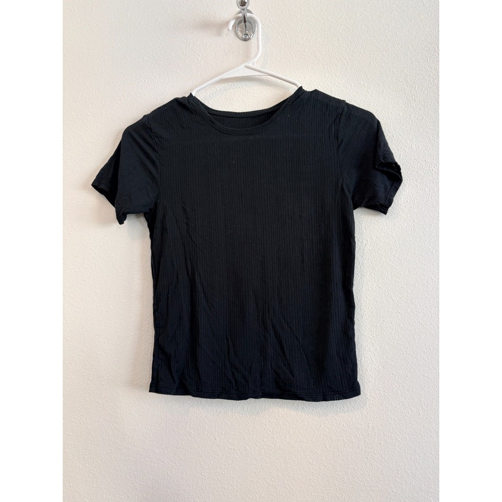 Negative Ribbed Baby Tee Women S Black Modal Crew Neck Casual Elevated Basic